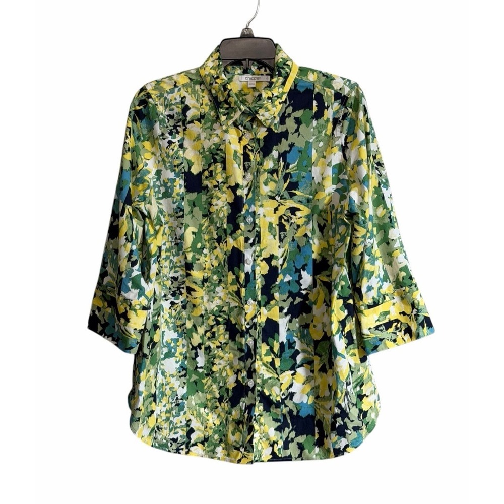 Chico's Med Floral Button Front Shirt 3/4 Sleeve Blouse Vibrant Abstract Office